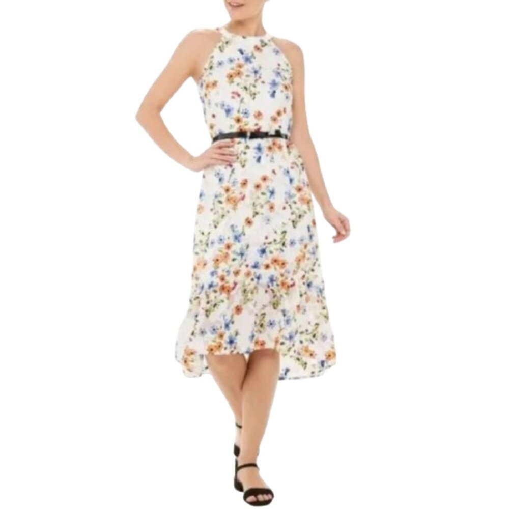 ELLE Ivory Hi-Lo Flounce Hem Dress Multicolor Floral Print Halter Off-White